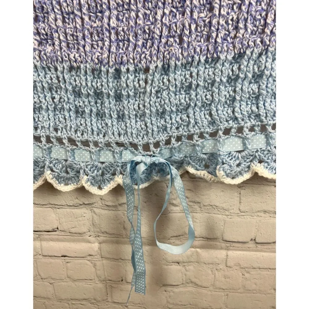 Handmade Acrylic Crochet Knit Afghan Blanket Granny Blue Lilac Bow NWOT